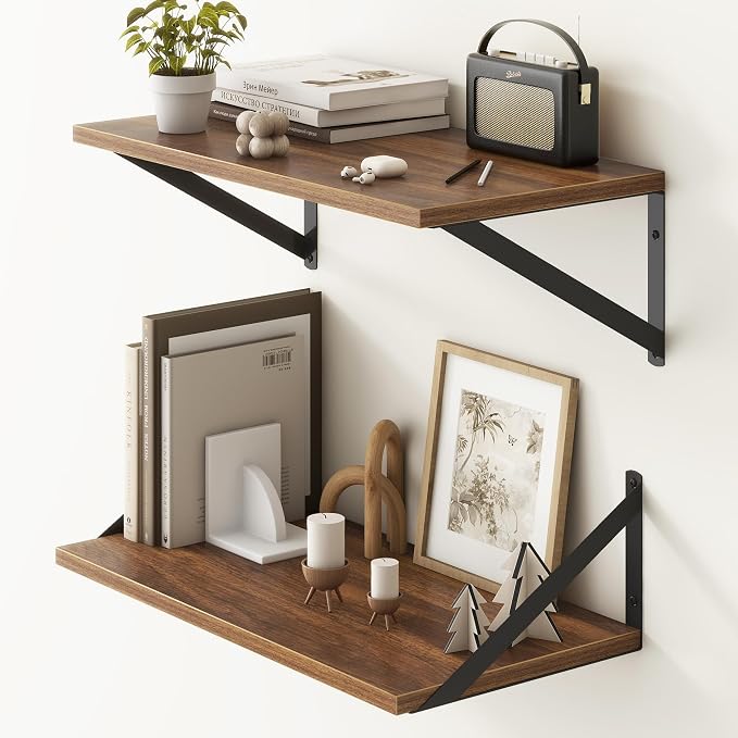 Fun Memories 20 Inch Floating Shelves, Deep Wall Shelves for Kitchen, 20 x 10 Floating Shelf for Living Room, Bedroom, Farmhouse Floating Shelves for Home Decor Storage, Walnut, Set of 2