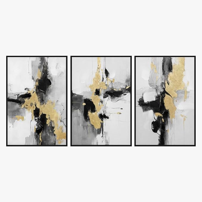 SAFERRYHOME Abstract Textured Framed Canvas Wall Art, Neutral Minimalist Wall Decor Modern Art Prints, Black Gold Wall Painting Artwork Pictures for Living Room,Bedroom,Dining Room,Office, 16"x24"x3