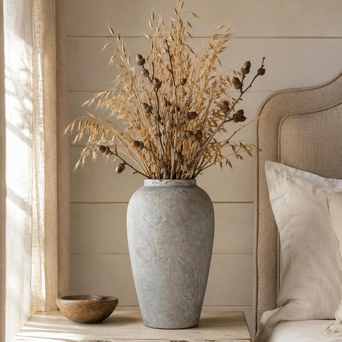 12 Inch Ceramic Rustic Vase, White Grey Farmhouse Flower Vases for Centerpieces & Home Decor, Handmade Pottery Vase for Living Room, Bedroom & Wedding Decor, Vintage Ceramic Vases for Gifts