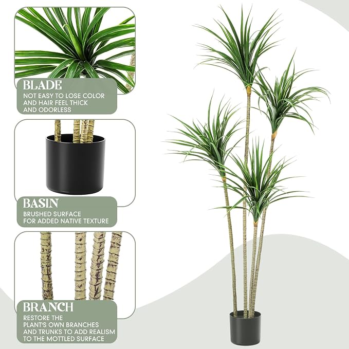 Jexine 5 ft Artificial Dracaena Marginata, Tall Artificial Dracaena Plant Tree, Tropical Faux Fake Floor Plant with Pot Indoor Outdoor Decorative Tree for Home Office Decor Housewarming Gift