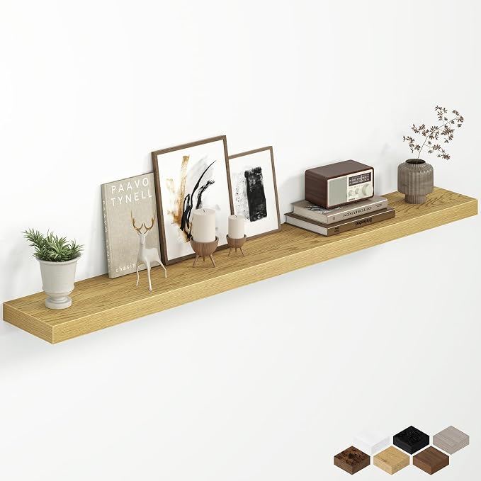 Fun Memories 55 Inch Floating Shelves for Wall, 8 Inch Deep Rustic Wood Wall Mounted Shelves with Invisible Brackets for Bathroom, Bedroom, Kitchen & Living Room Storage Decor, Oak, 1 Pack
