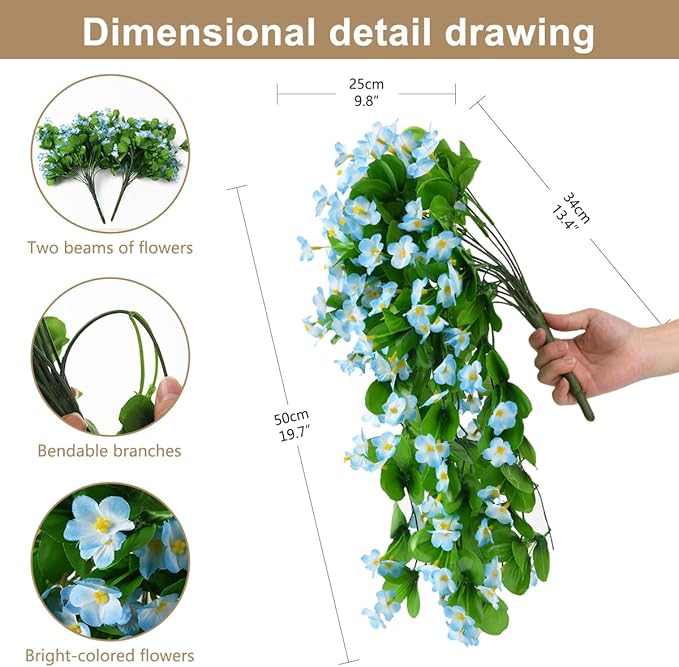 ZFProcess Artificial Fake Hanging Flowers Plants for Outdoor Spring Decoration, 2PCS Faux Silk Violet UV Resistant Look Real Trailing Vines for Outside Home Planter Porch Patio(Blue)