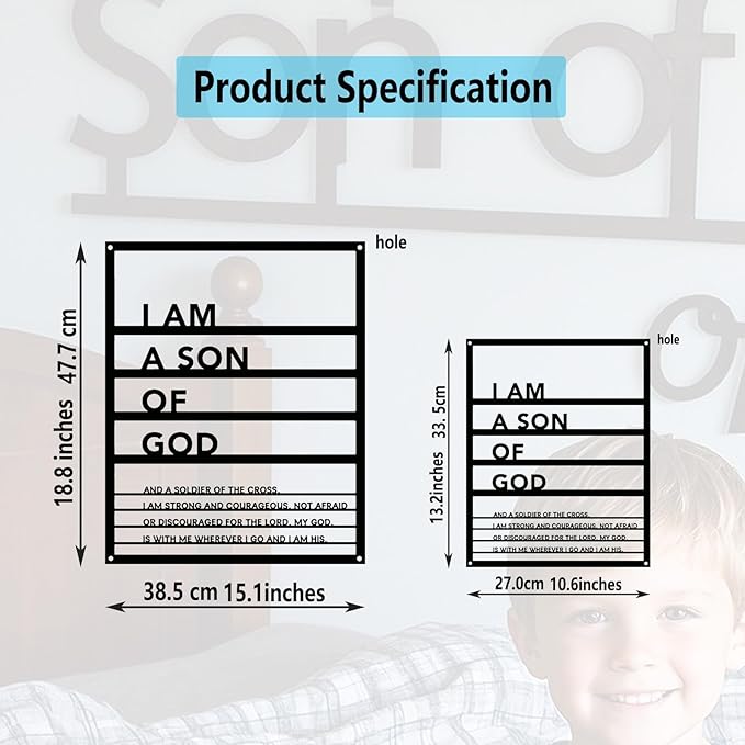 Yuzhuo Metal Teen Boy Room Wall Decor I Am a Son of God Wall Art Sign for Boys Bedroom Playroom Living Room Bathroom Motivational Sculptures Black (18.8" L x 15.1" W)