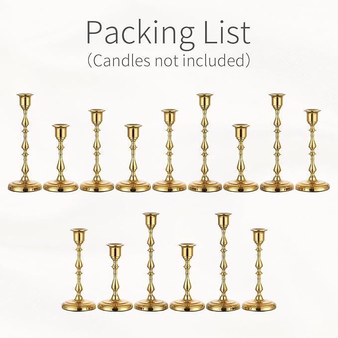 Gold Candlestick Holders Vintage: Brass Taper Candle Holders Bulk | for 0.87" Taper, Bottom with Felt Pad, 15 Pcs Antique Decor for Dinning Table, Mantel, Wedding Centerpieces, Christmas, Party