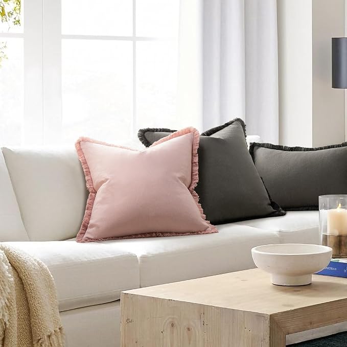 ZWJD Pillow Covers 22x22 Set of 2 Dusty Pink Throw Pillow Covers with Fringe Chic Cotton Decorative Pillows Square Cushion Covers for Sofa Couch Bed Living Room Farmhouse Boho Decor