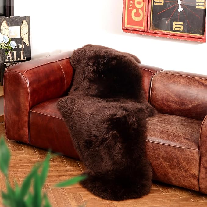 IRIWOOL Premium Genuine Fur Sheepskin Rug Real Australia Sheepskin Natural Luxury Fluffy Lambskin Fur Area Rug Seat Covers for Kids Bedroom Sofa Chair Cover (Mocha, Double Pelt/2ft x 6ft)