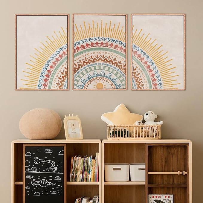 HPINUB Boho Sun Framed Canvas Wall Art Set, Mid-Century Modern Wall Decor, Minimalism Bohemian Wall Painting, Abstract Geometric Pattern Art Print for Living Room, Bedroom, Office - 24"x36"x3