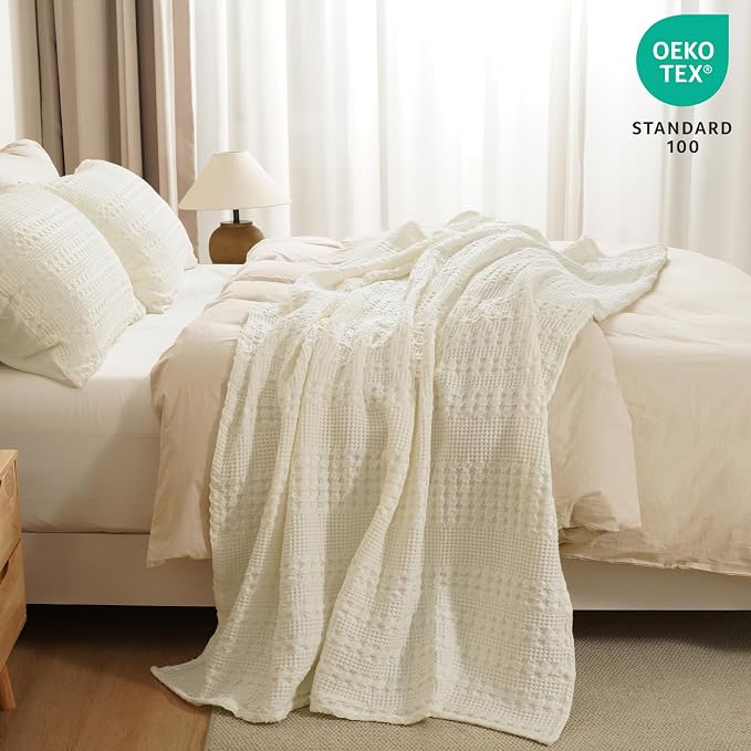 PHF 100% Cotton Waffle Throw Blanket for Couch, Lightweight Breathable and Soft for Summer, Luxury Aesthetic Waffle Weave Blanket for Home Decor & Office, Gifts for Women, 50"x60", Cannoli Cream