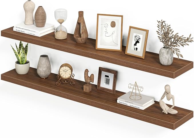 Heimlove 9.3" Deep Floating Shelves for Wall,Long Floating Shelf Set of 2,Wall Mounted Shelves for Bathroom Bedroom Living Room Kitchen Office,Books Storage Room (55" Wx9.3 Dx1.5 H,Set of 2, Walnut