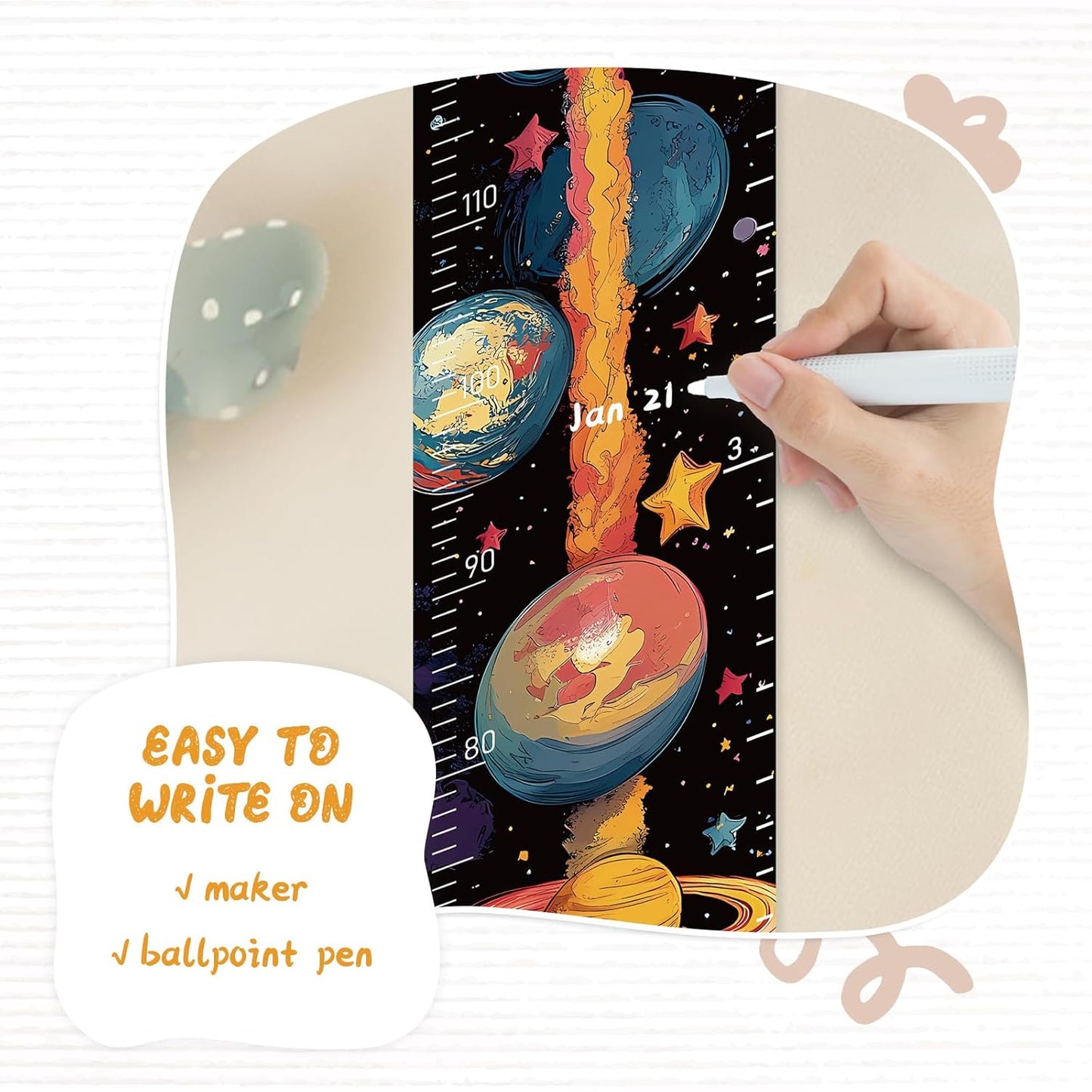 Personalized Name Growth Chart Wall Decor for Kids – Canvas Removable Height Chart Measuring Ruler 59" x 7.9" (Rocket)