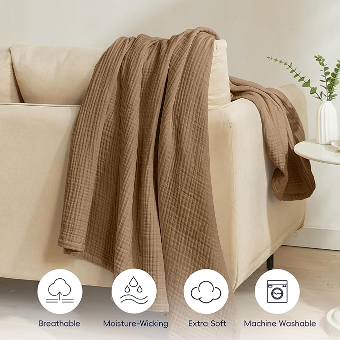 PHF 100% Cotton Muslin Blanket Twin XL Size 66"x90", 4-Layer Lightweight Gauze Throw, Breathable Cloud-Soft Minimalist Blanket for Bed, Couch, Camping & Baby, Coco Brown, Ideal Gift