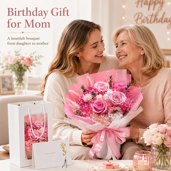 Preserved Pink Rose Bouquet, 100% Real Flowers for Women Mother Wife, Long-Lasting Eternal Roses with Gift Box, Forever Flowers for Anniversary Birthday Mother's Day, Lasts 3-5 Years