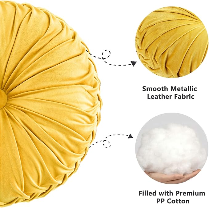 HIG Set of 2 Yellow Ruched Velvet Round Throw Pillows – 14.5’’ Decorative Pillows with Soft Polyester Filling for Couch, Bed, Living Room, Bedroom, or Dorm – Handmade, Stress Relieving, All-Season