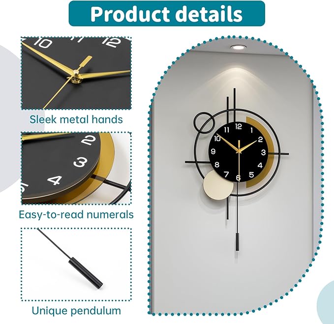 Wall Clock for Living Room Decor Decorative Wall Clock with Pendulum Silent Quartz Battery Operated Black Metal Large Clock for Dining Room,Kitchen,Home,Bathroom,Bedroom,13.8x21.3 in