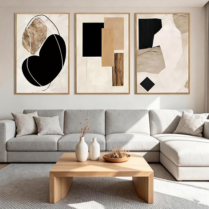 LAATOZ Neutral Abstract Wall Art Framed Canvas Painting, Minimalist Modern Artwork for Living Room Bedroom Bathroom Office Hallway Stairs 16x24 Inch 3 Panels