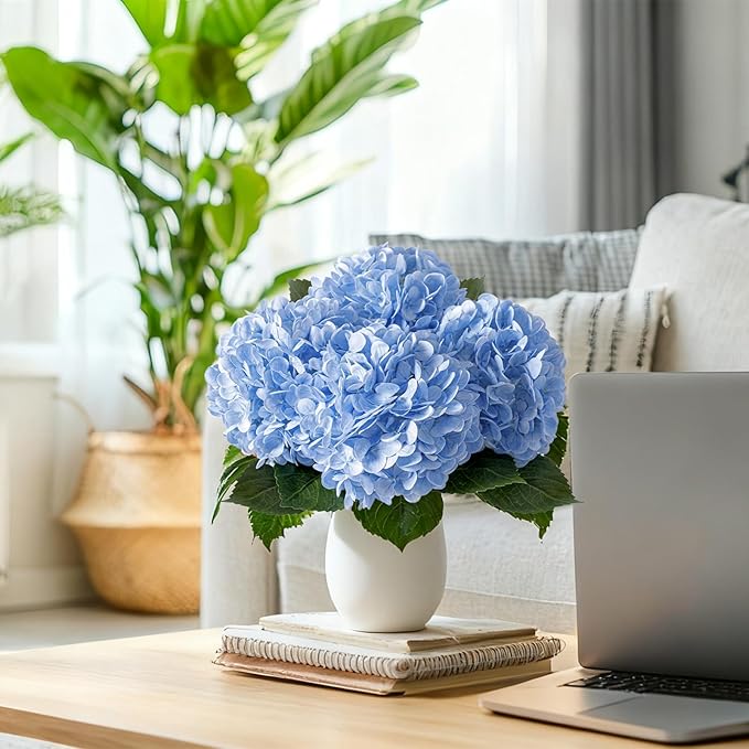 4 Pcs Artificial Hydrangea Silk Flowers with Stems, 19.7" Blue Faux Hydrangeas Bouquet, 240 Petals, UV Resistant & Waterproof Fake Flower for Outdoor Wedding Home Decor