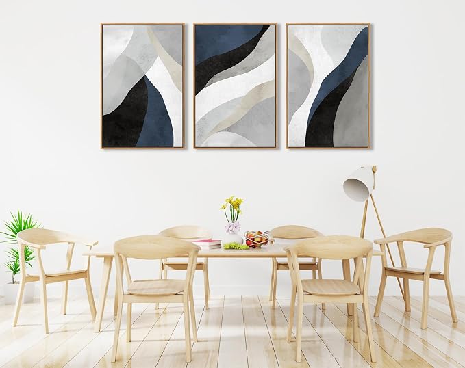 Large Abstract Framed Wall Art - Canvas Wall Art Pictures Prints for Living Room Decor Natural Float Framed Artwork for Bedroom Kitchen Home Office Decoration 48" X 24" Set of 3 Blue Grey