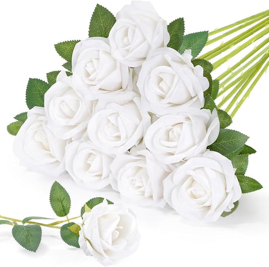 Lifewit Classic White Artificial Roses Flowers, Faux Long Stem Silk Roses Bulky for DIY Wedding Bouquets Decoration, Centerpieces Arrangements, Velentine,10 Pcs