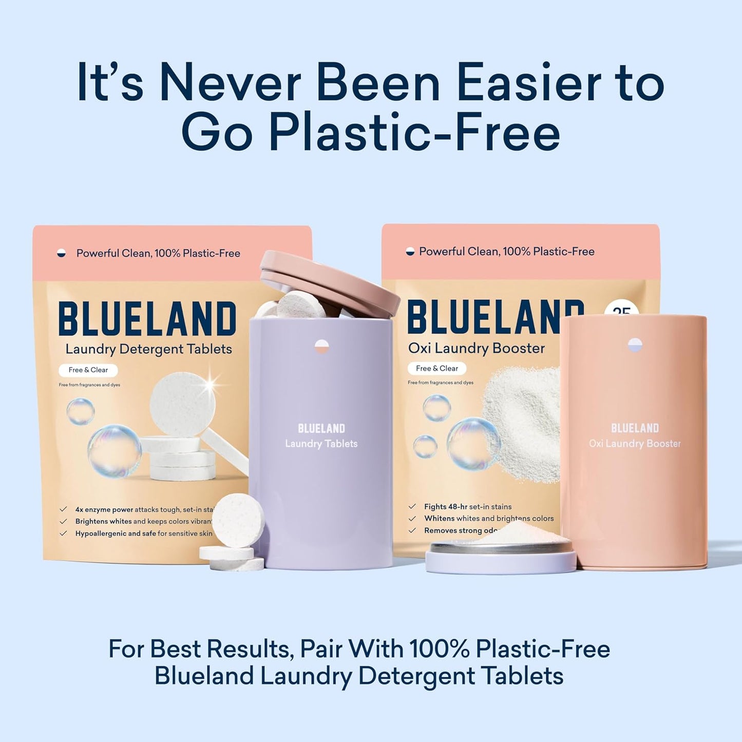 BLUELAND Oxi Laundry Booster Powder Refill 2-Pack, Fragrance Free & Clear, 50 Loads, 35.2 oz, Plastic-Free, Eco Friendly, Oxy Cleaner, Stain Remover