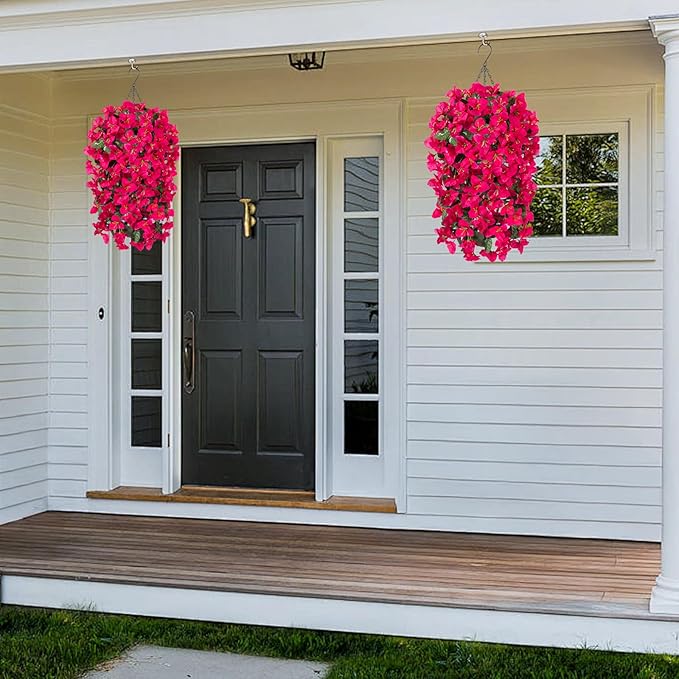 INXUGAO 2 pcs Artificial Faux Bougainvillea Flowers Plants for Outdoor Outside Summer Decoration, Fake Silk UV Resistant Long Trailing Vines for Front Door Porch Planter Balcony (Purple Rose Red)