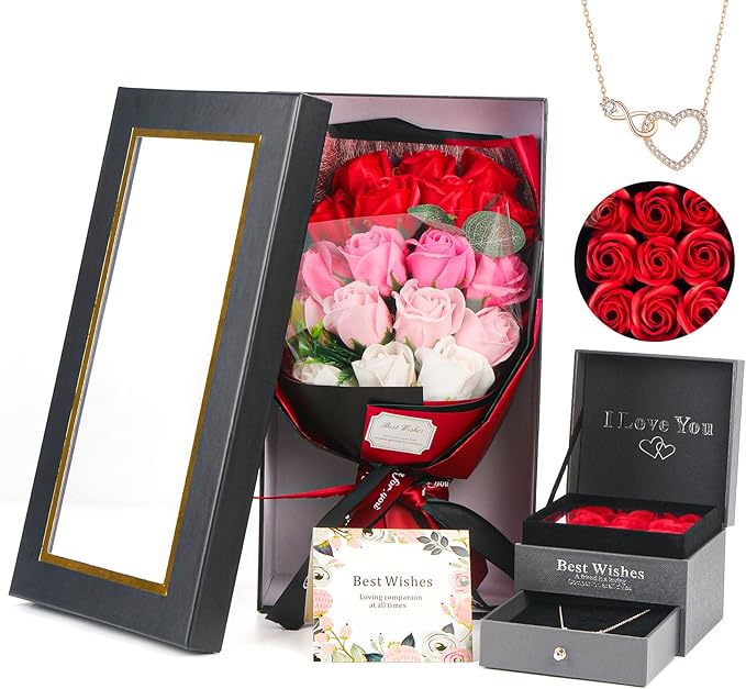 Rose Bouquet Rosas Eternas Preserved Rose Bouquet 18 Flower Bouquet with Beautiful Love Necklace, Unique Gift for Birthday, Valentine's Day, Mother's Day, Thanksgiving, Christmas, Anniversary
