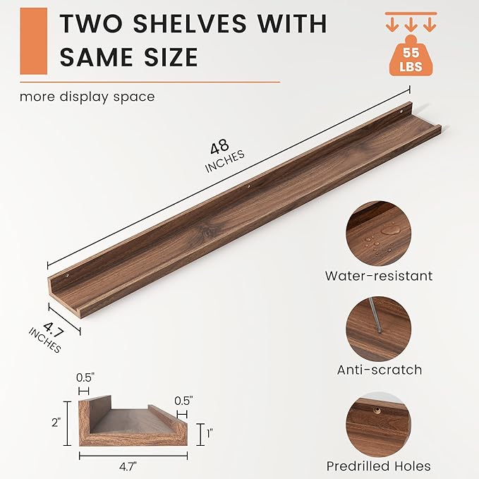 FLYJOE Picture Ledge Shelf, Floating Shelves Set of 2, 48 Inches Long Large Nursery Book Shelves for Toys Storage, Kids Bookshelf Wall Mounted for Living Room Bedroom Decor Books Photo Frames, Walnut