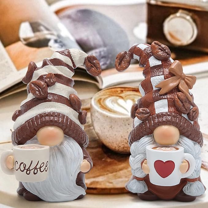 Hodao Gnome Decor Set of 2 Resin Coffee Lover Gifts with Mug, Cute Tiered Tray Figurines for Kitchen Shelf, Farmhouse Countertop, Desktop Accent, Spring Home Display