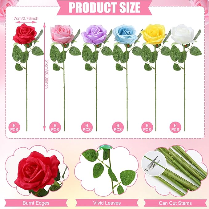 36 Pcs Mixed 6 Color Artificial Roses with Long Stems, Fake Silk Rose Artificial Flowers Bulk for Bridal Wedding Bouquet Centerpiece Ball Arrangement Party Decor