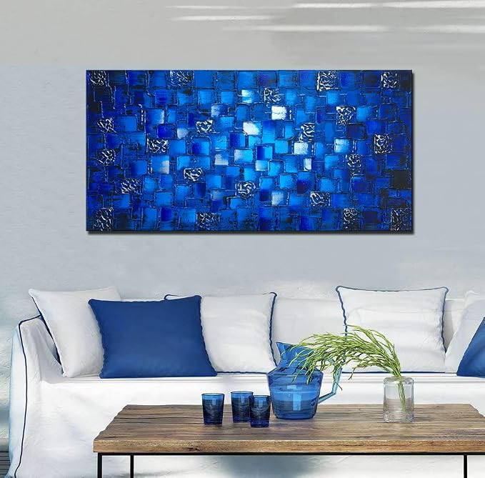 MyArton Thick Textured Abstract Squares Canvas Wall Art Hand Painted Artwork Modern Dark Blue add Silver Oil Painting for Home Decor Framed Ready to Hang 40x20inch