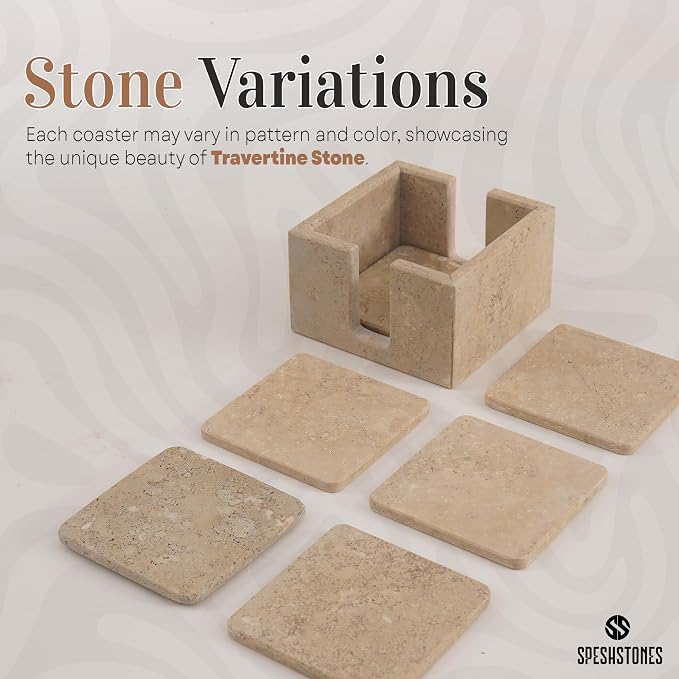 Marble Coasters Set of 6 Square 3.5 Inch Travertine Coaster for Drinks with Holder, Ideal Stone Drink Coasters for Gifts, Dining Table & Home Décor (Travertine Coasters with Holder)