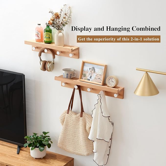 Wall Hooks with Shelf 19 inch, Beech Wood Entryway Wall with 4 Hooks, Floating Shelf Coat Rack for Bathroom, Living Room, Bedroom (19inch)