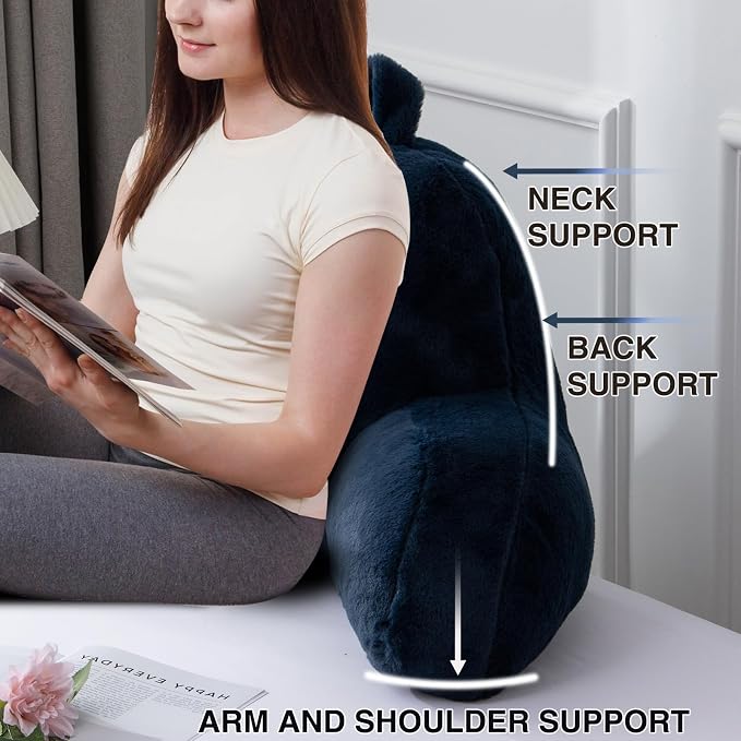 A Nice Night Faux Fur Reading Pillow Bed Wedge Large Adult Children Backrest with Arms Back Support for Sitting Up in Bed / Couch for Bedrest,Navy