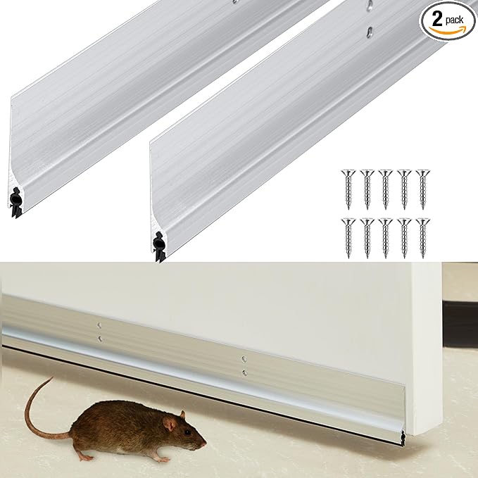 Gisafai 2 Pcs 48 Inches Metal Door Draft Stopper, Door Sweep, Mouse Stopper, Mice Seal Strip, Aluminum, Noise Blocker, Keep Rodents and Pests Out, Enhanced Weather Sealing, Easy to Install, Silver