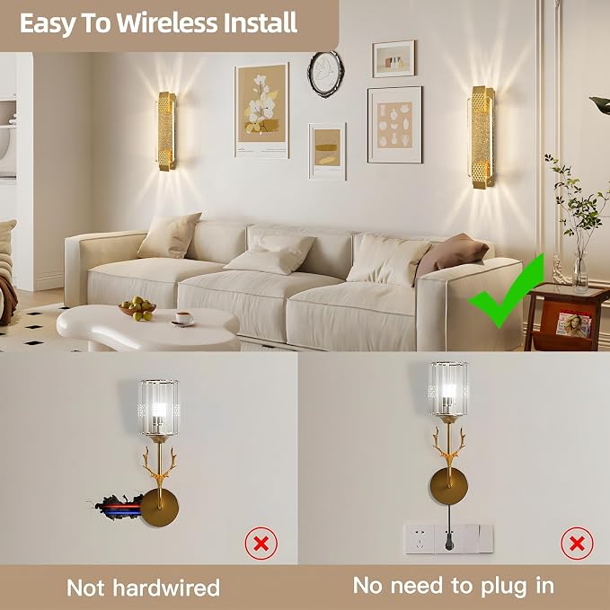 camuucci Battery Operated Wall Sconce, Rechargeable Gold Light 1 Pack | Wireless Wall Lamp with 12000mAh Battery，Not Hardwired Wall Fixture for Bedroom Living Room - 14.5 Inches