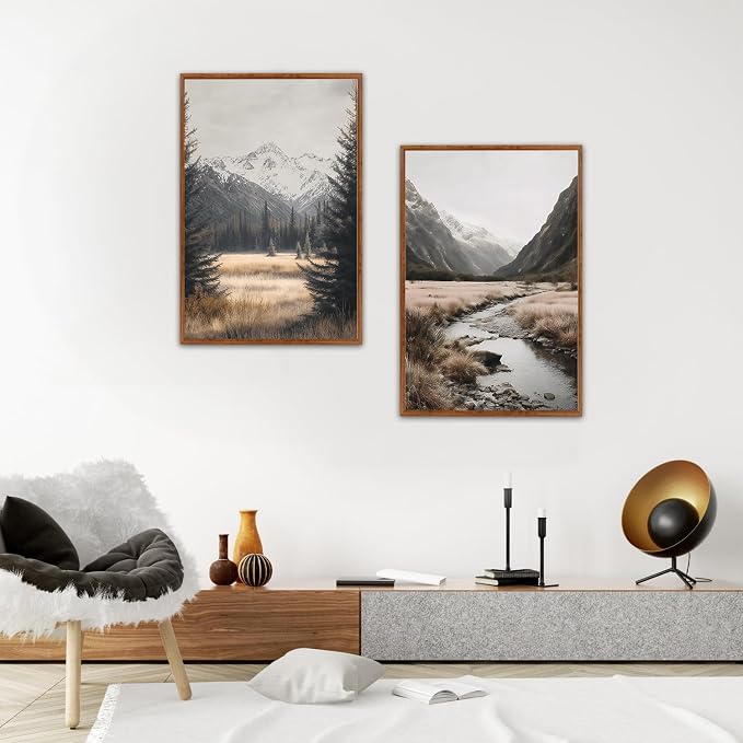 LHIUEM Snowy Mountain Framed Canvas Wall Art,Modern Winter Wall Decor,Neutral Pine Tree Painting,Misty Forest Landscape Artwork for Living Room,Bedroom,Dining Room -16"x24"x3