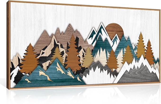DRACIT Rustic Woodcut Style Mountain Framed Canvas Wall Art Set,Boho Vintage Sunrise Forest Nature Wall Decor,Modern Country Wilderness Artwork for Living Room,Bedroom,Farmhouse -20"x40"