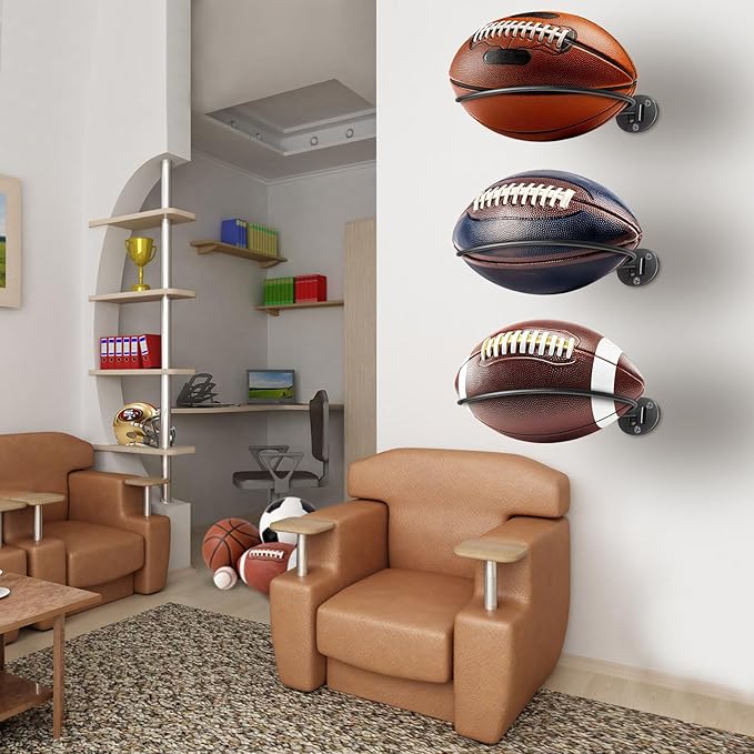 Kevenal 4 Packs Football Wall Décor, Wall Mount Football Holder Football Display Stand, Football Room Decor for Boys Man Cave (Durable Black)