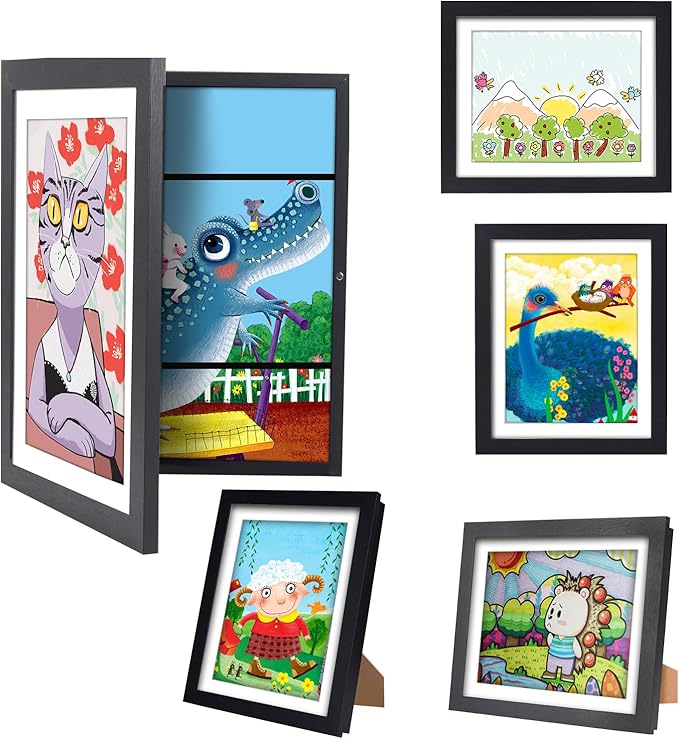 Kids Artwork Frames Changeable - Front Opening Holds 150, Children Art Projects, 10x12.5 Picture Frame for Display, With Storage (Black)