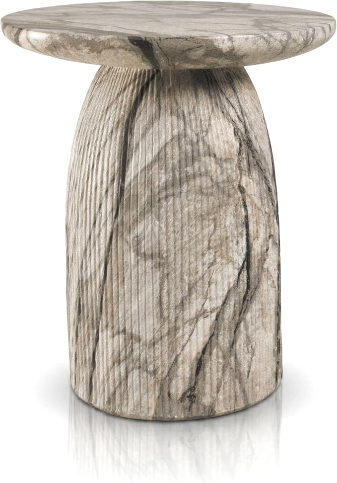 24/7 Shop at Home Ranera Modern 17-inch Natural Stone Side Table with Round Pedestal Base, Marble Nightstand, Fluted Patio End Table, for Living Room, Covered Outdoor Spaces, Ivory Gray Marble