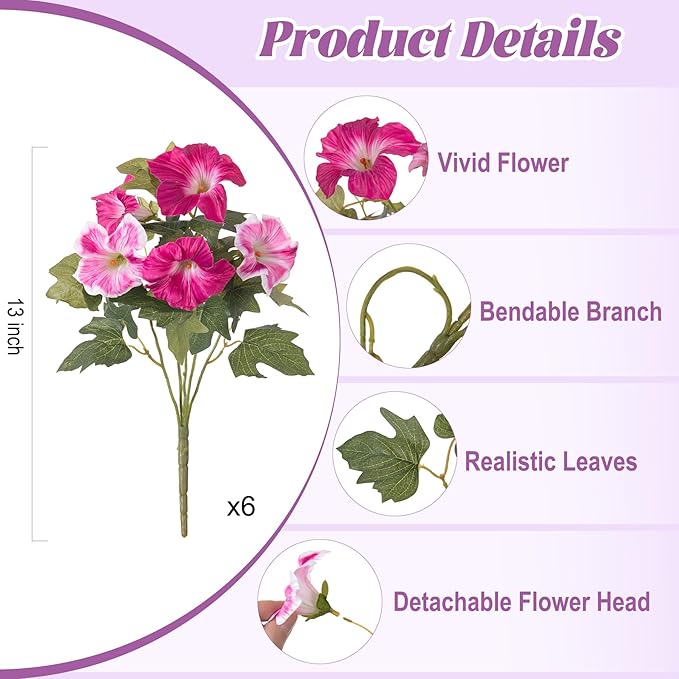 Ammyoo 6 Pcs Artificial Flowers Fake Petunias for Outdoors, Faux Flowers for Outdoor Planter, UV Resistant Realistic Fake Plants for Outside No Fade for Garden Porch Patio Indoor Room Decor(Fuchsia)
