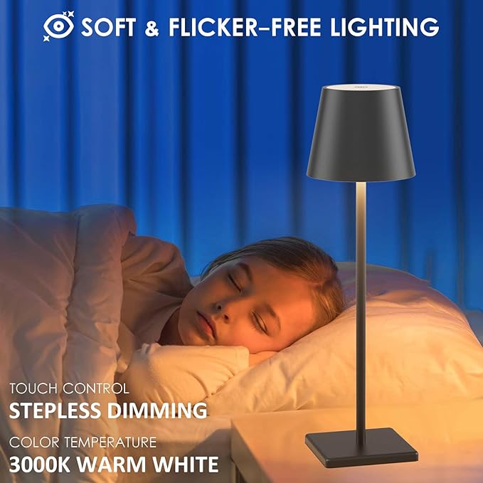 4-Pack LED Rechargeable Table Lamp, Battery Desk lamp 5000mAh Battery Operated Stepless Dimming Modern Portable Table Light for Restaurant/Dinner/Bedroom/Outdoor IP54 Waterproof (Black)