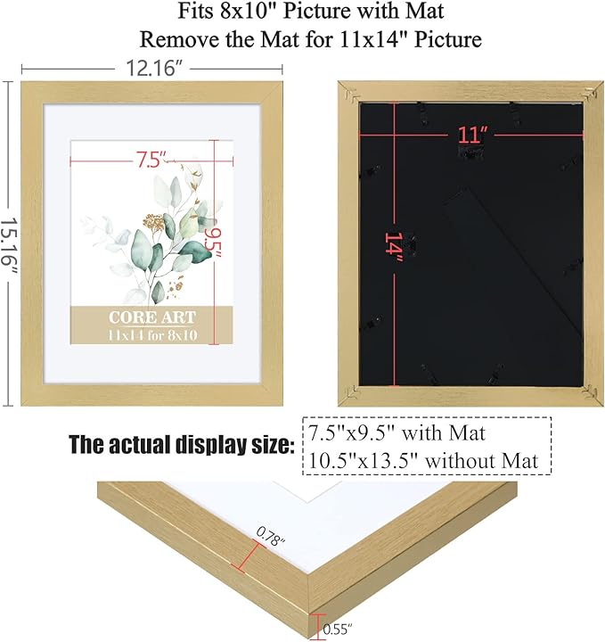 CORE ART 11x14 Picture Frame Gold Set of 2,Display Pictures 8x10 with Mat or 11 x 14 without Mat,Multi Photo Frames Collage for Wall or Tabletop Display