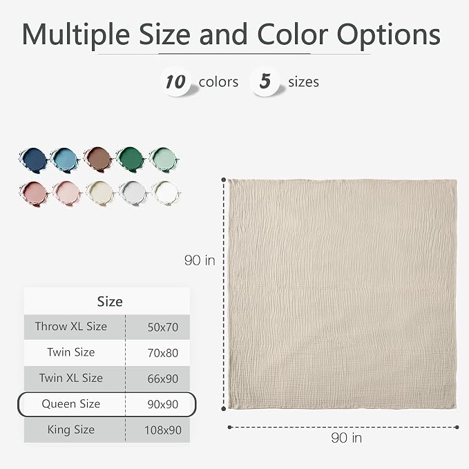 Carriediosa 100% Cotton Muslin Throw Blanket 90" X 90" Queen Size，4-Layers Summer Gauze Throws for Bed Couch，Soft Lightweight Breathable Linen Blankets Bedspread for Adults All Season，Khaki