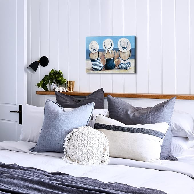 Beach Girls Wall Art Coastal Room Wall Decor Vintage Ocean Landscape Picture Nautical Bathroom Canvas Prints 16x24”, Retro Seascape Poster Swimsuit Girl Painting Modern Artwork Bedroom Decoration