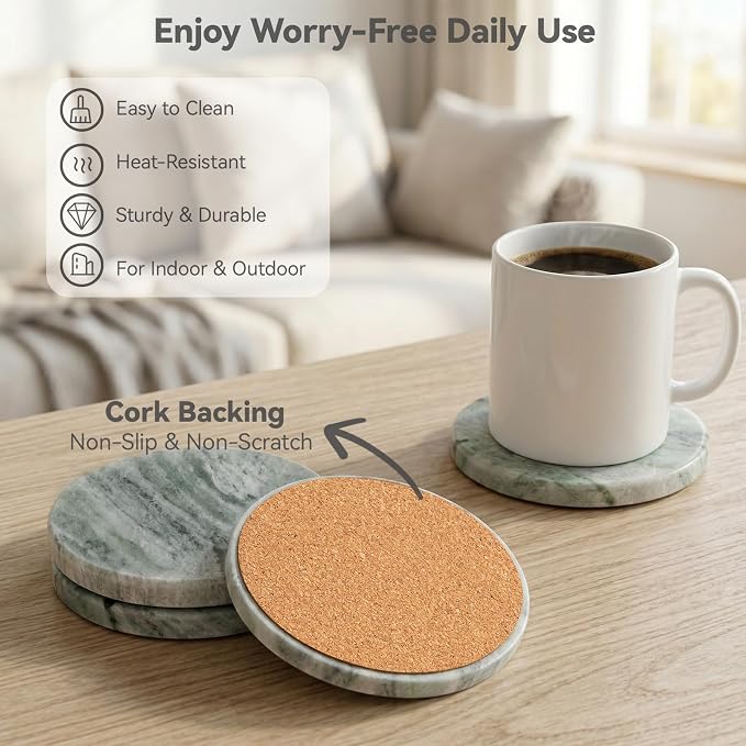Sage Green Marble Coasters Set of 4 with Holder, Green & White Coaster for Coffee Table, 4" Round Polished Green Stone Coasters with Cloudy Veins – Heat Resistant, Non-Slip, Housewarming Gift