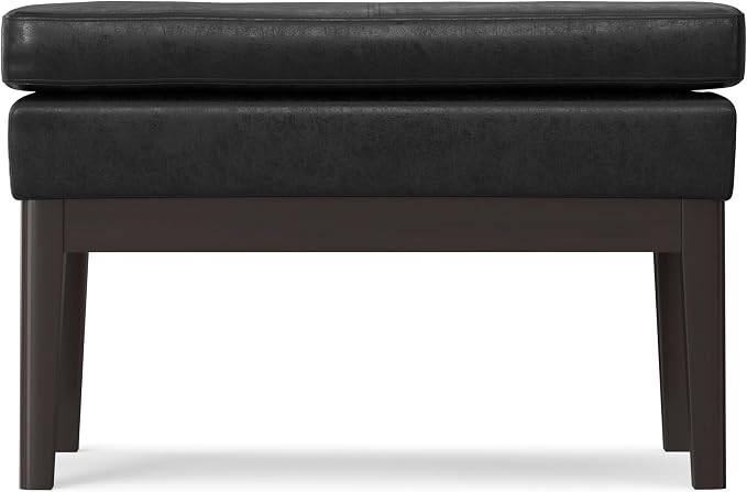 SIMPLIHOME Carlson Small Ottoman Bench - 27 inch Wide Upholstered Woven Fabric Rectangle Ottoman in Distressed Black, Mid Century Modern Bench for Bedroom or Living Room with Padded Seat