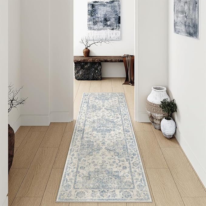 2x5 Washable Neutral Runner Rug Blue Vintage Hallway Kitchen Carpet Non-Slip Soft Low Pile Farmhouse Throw Rug for Bedroom Bathroom Laundry Living Room