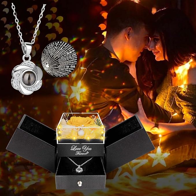 ENERLEAF 3 Preserved Yellow Real Rose-Eternal Flowers Rose Gifts for Mom Grandma Wife Girlfriend on Mothers Day Birthday Valentines Christmas for Her with I Love You Necklace
