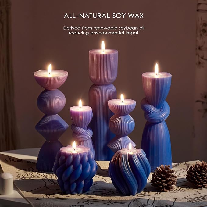 7 Pcs Large Ribbed Pillar Candles - Handmade Soy Wax Candles for Home Decor, Modern Shelf Decor, Housewarming Gift, Aesthetic Room Decor (Blue)