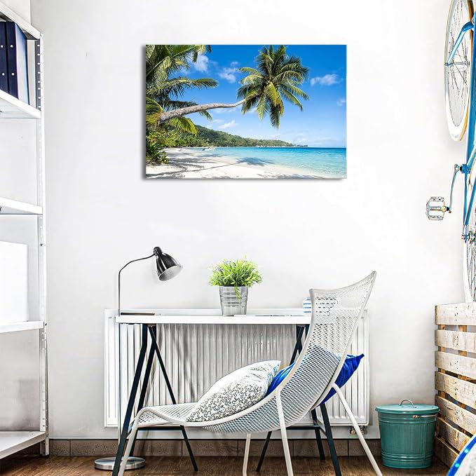 Beach Palm Tree Canvas Wall Art Coastal Wall Decor Nature Landscape Painting for Living Room Bedroom Ocean Seascape Pictures Coconut Palms Poster Modern Artwork Kitchen Office Home Decorations 24x36”